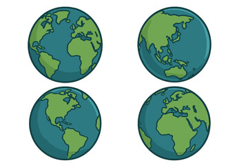 Varied Earth Globe Vector Icons, Minimalist Artistic Style Cartoon Illustrations with Transparent Background, World Map Representations Showing Continents, Oceans, Global Sphere Set