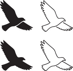 Falcon silhouette icons set,black falcon icons,flying falcon,solid silhouette,line art outline,filled minimal style,thin stroke outline,isolated vector design for bird freedom projects