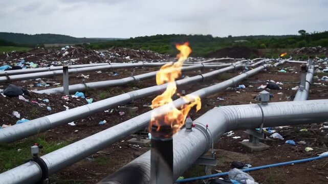 Industrial flare stack burning off excess gas at a landfill site with pipelines visible.
