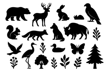 Obraz premium Wildlife and nature silhouettes icon set with animals and plants, forest creatures vector collection, bird, deer, bear, butterfly, fox, rabbit, tree, plant elements, outdoor nature design