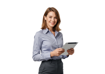Female office professional, woman, 30s, smiling, holding tablet isolated