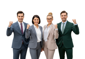 Four business people with hands pumped up, group success pose isolated