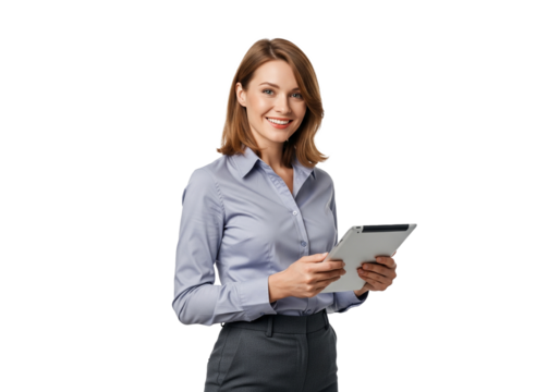 Female office professional, woman, 30s, smiling, holding tablet isolated