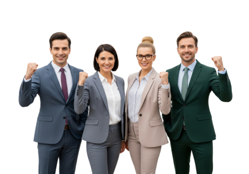 Four business people with hands pumped up, group success pose isolated