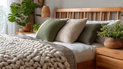High-angle view, tranquil bedroom, soft textures, peaceful retreat