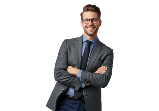 Mid level marketing strategist in a corporate tech firm, businessman leaning isolated