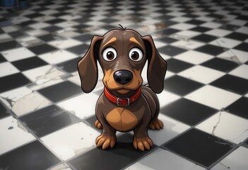 Anxious Dachshund in Red Collar on Checkered Floor