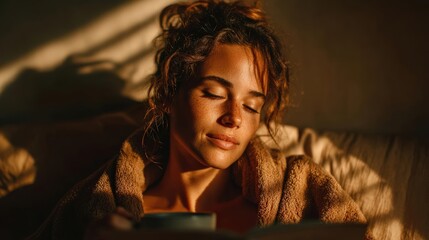 Peaceful woman wrapped in comfort, morning sun rays, coffee in hand, tranquil moment, intimate scene
