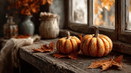 Rustic pumpkins mingle with dry leaves on a wooden table, softly lit by a window