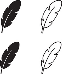 Goose feather icons set,black feather icons,bird feather,solid silhouette,line art outline,filled minimal style,thin stroke outline,isolated vector design for writing nature projects