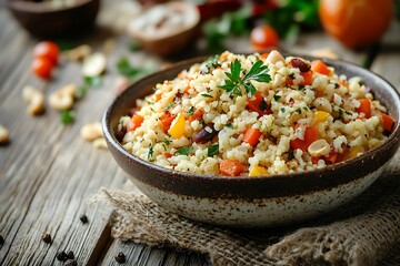 Rustic millet salad bowl with vegetables nuts and parsley high resolution picture
