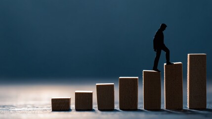 Figure climbing wooden block chart, symbolizing ambition and upward progression. Represents advancement, growth, and the journey toward success.