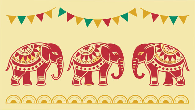 Red elephants with gold ornaments and festive flags