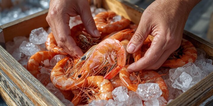 A close-up, high-res shot of hands lifting fresh shrimp from a rustic wooden crate filled with crushed ice, glistening with moisture, evoking freshness and a natural seafood market feel