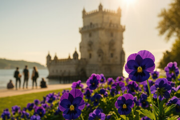 The Iconic Bel&eacute;m Tower in Lisbon Captured with Vibrant Pansies in the Foreground and a Warm Sun Flare Illuminating the Scene.
