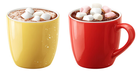 hot chocolate in a red mug and yellow cup with marshmallows