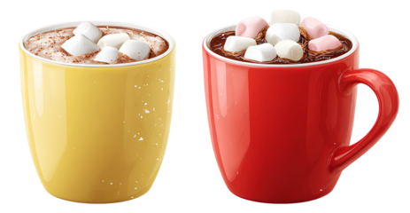 hot chocolate in a red mug and yellow cup with marshmallows