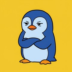 Fototapeta premium Grumpy Cartoon Penguin with Arms Crossed on Yellow Background