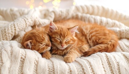 Two ginger kittens snuggle on a knitted blanket