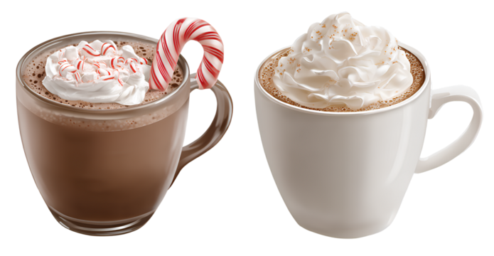 hot chocolate mug with whipped cream and candy cane on the left side, hot coffee in a white cup with cream on the right side,