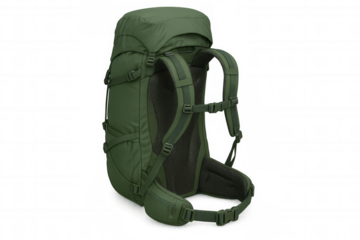 Studio shot of a large green hiking backpack with adjustable straps, isolated on transparent background
