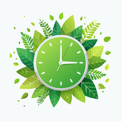 Green clock surrounded by foliage fresh spring concept time management