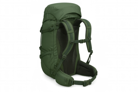 Studio shot of a large green hiking backpack with adjustable straps, isolated on transparent background - Powered by Adobe