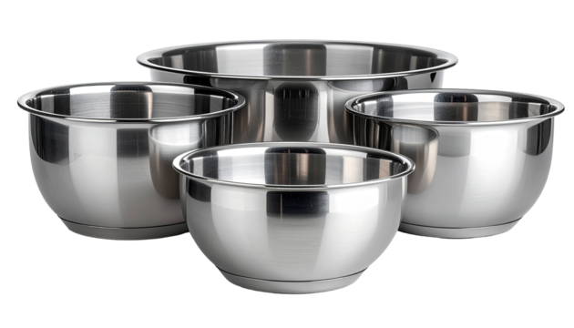 Four stainless steel mixing bowls of varying sizes