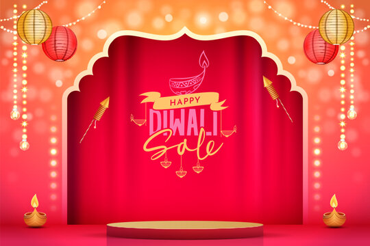 happy diwali festival sale banner design with illustration of podium, light effects, colorful bokeh background, diya - Powered by Adobe