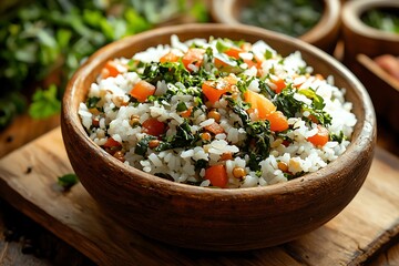 Rustic table presentation rice lentils with vibrant herb garnish high resolution picture