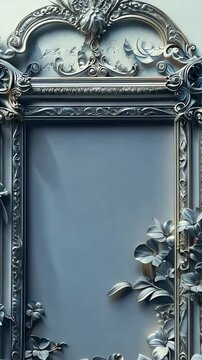 Silver ornate frame featuring floral embellishments against a gray background.