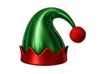 Shiny green and red christmas elf hat on transparent background