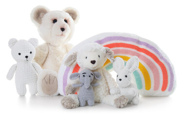 Many different soft toys isolated on white