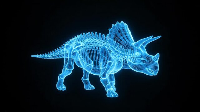 Dynamic blue wireframe triceratops skeleton animated projection, a prehistoric creature revealed in stunning 3D holographic detail, perfect for science education and futuristic presentations.