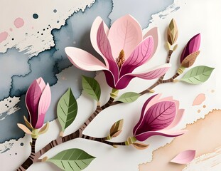 Abstract Magnolia Botanical Wall Art Mural with Pastel Watercolor Background