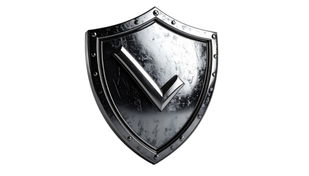 Metallic shield with checkmark.  3D render