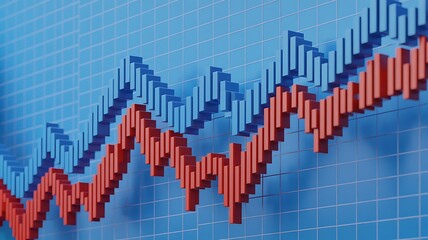 3d rendered financial charts displaying economic data and growth projections with a blue and red color scheme