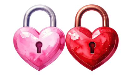 Two heart-shaped padlocks, pink and red, in a close-up