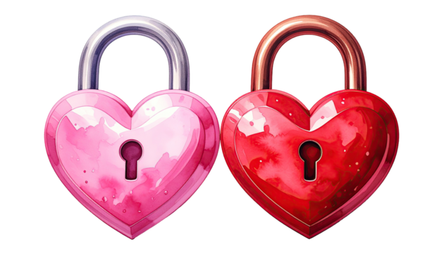 Two heart-shaped padlocks, pink and red, in a close-up