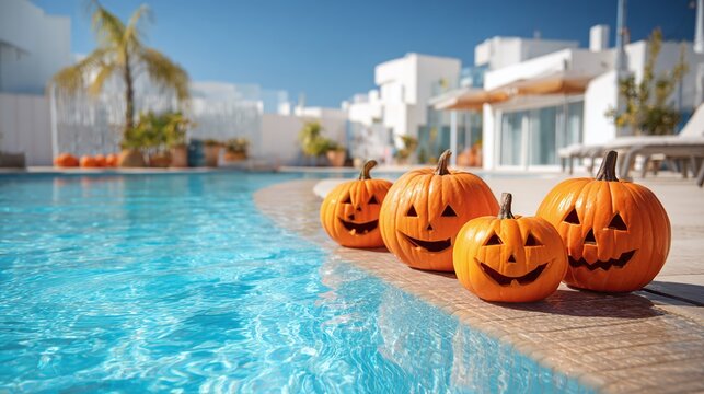 Halloween pumpkins poolside. Bright, carved pumpkins create a festive holiday atmosphere near a modern pool. Sunny, vacation vibes with a spooky twist.