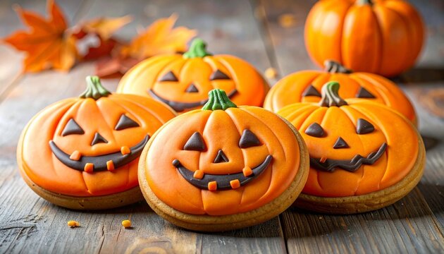 Halloween pumpkin cookies on dark tray with spices.