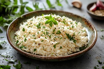 Rustic wooden bowl filled with basmati rice fresh herbs high resolution picture