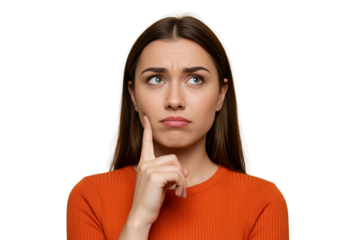 Thoughtful Caucasian woman with a skeptical expression looking aside isolated on transparent cutout background, cut out, png