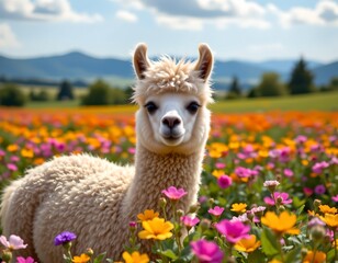Fototapeta premium A serene scene of a llama standing amidst a vibrant field of wildflowers