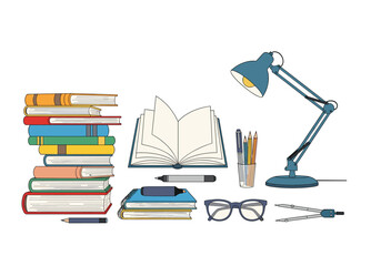 A desk with books a lamp glasses and drawing tools for studying.