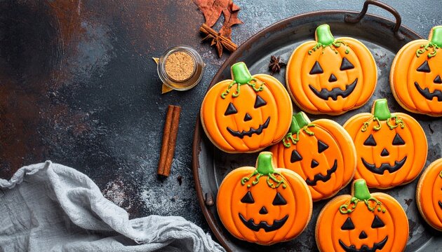 Halloween pumpkin cookies on dark tray with spices.