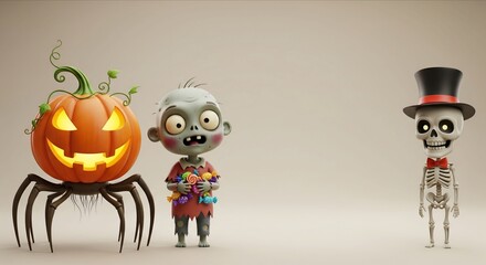 Spooky cute Halloween monsters illustration with jack-o'-lantern, zombie, and skeleton characters for festive designs