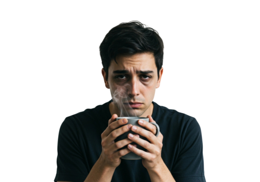 Exhausted young man with dark circles holding a steaming cup of coffee isolated on transparent cutout background, cut out, png