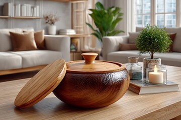 Rustic Wooden Lid Beside Handmade Bowl high resolution picture