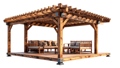 Wooden pergola with seating area